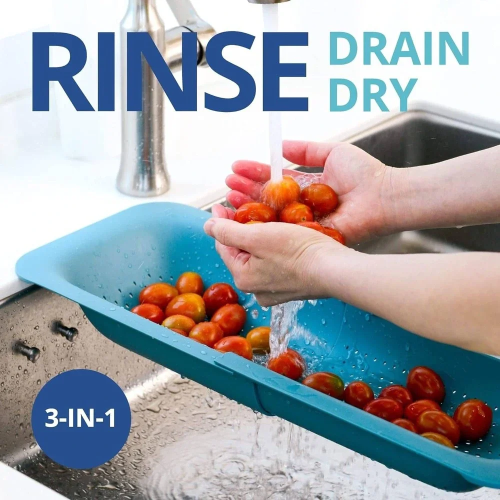 Blue Ginkgo Over the Sink Colander Strainer Basket Adjustable Teal‎ Blue Korea